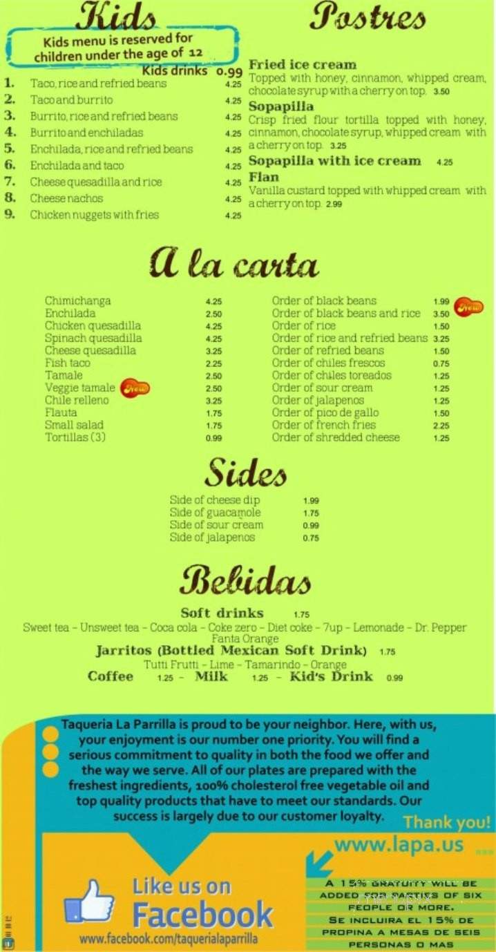 Taqueria La Parrilla - Athens, GA menu_pic