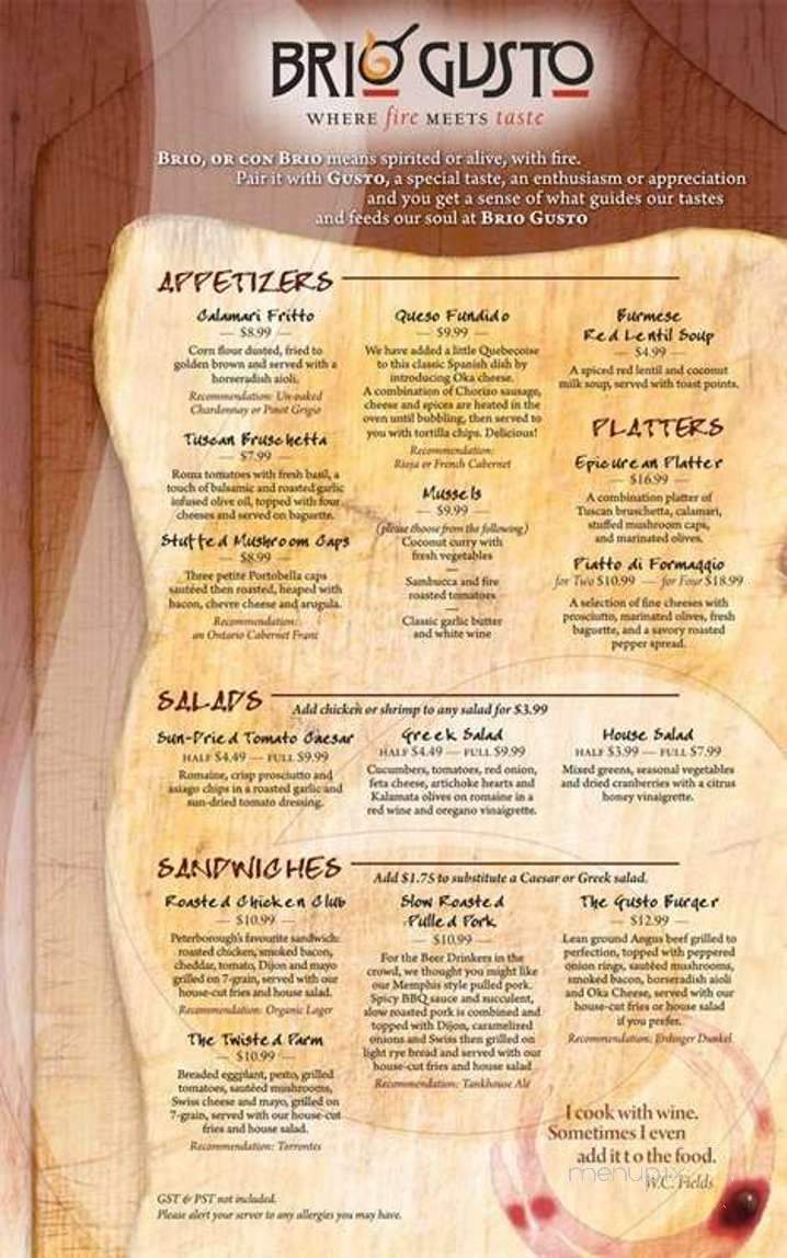 Brio Gusto - Peterborough, ON menu_pic