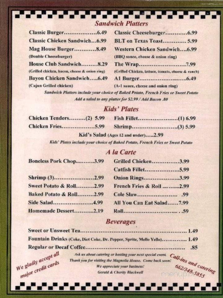 Magnolia House Restaurant - Guntown, MS menu_pic