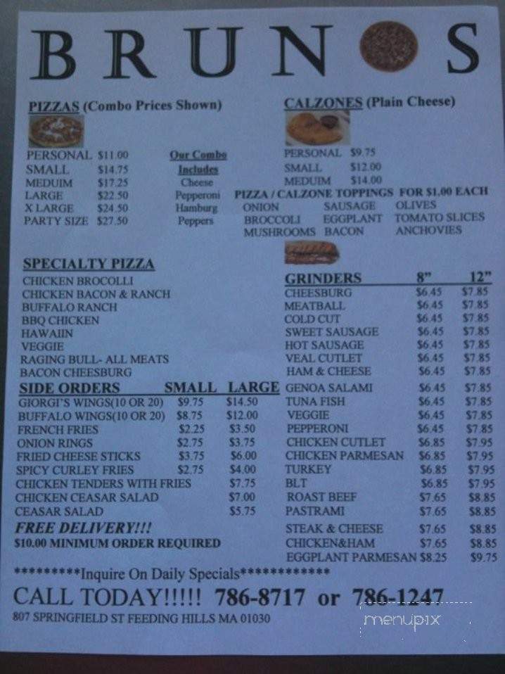 Bruno Pizzeria - Feeding Hills, MA menu_pic