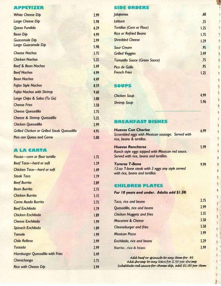 Torero's Fine Mexican Food - Clarksville, TN menu_pic