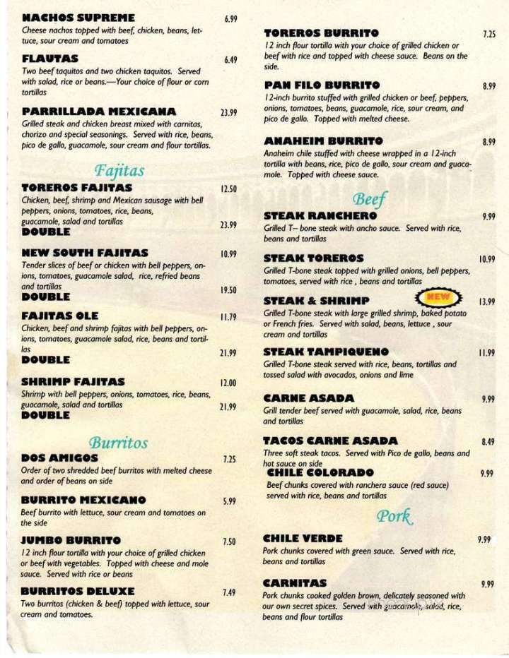 Torero's Fine Mexican Food - Clarksville, TN menu_pic