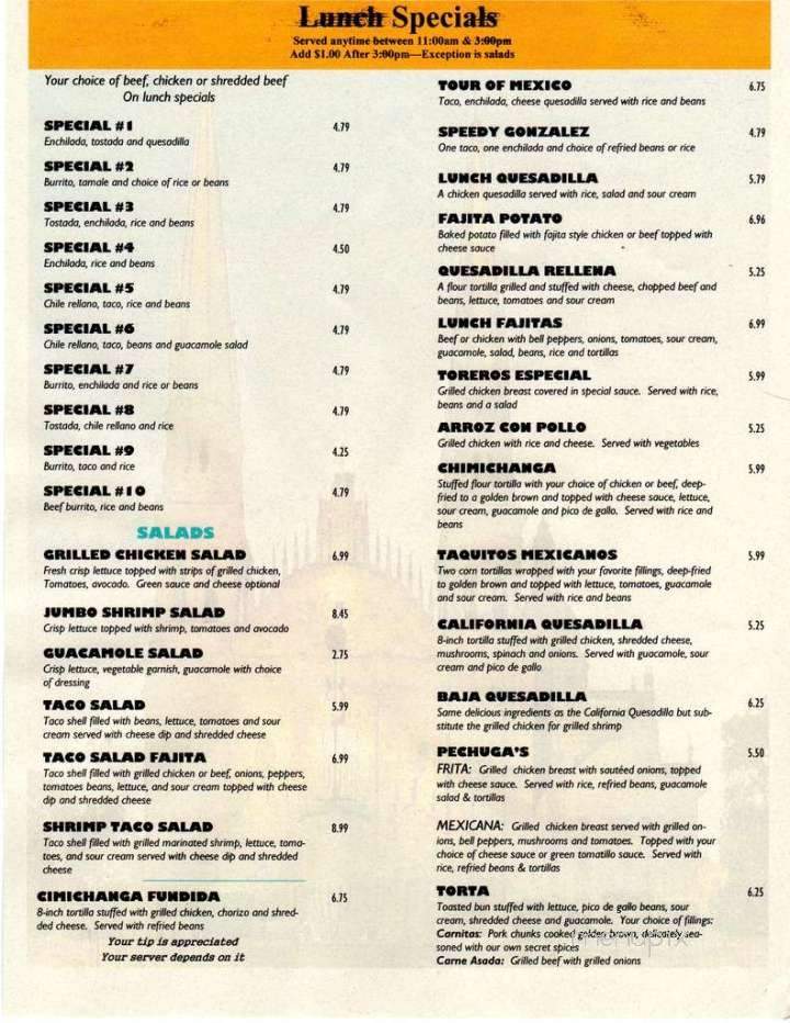 Torero's Fine Mexican Food - Clarksville, TN menu_pic