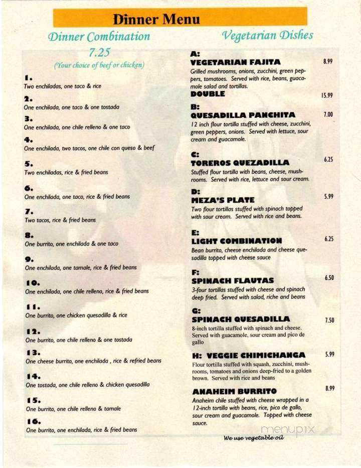 Torero's Fine Mexican Food - Clarksville, TN menu_pic