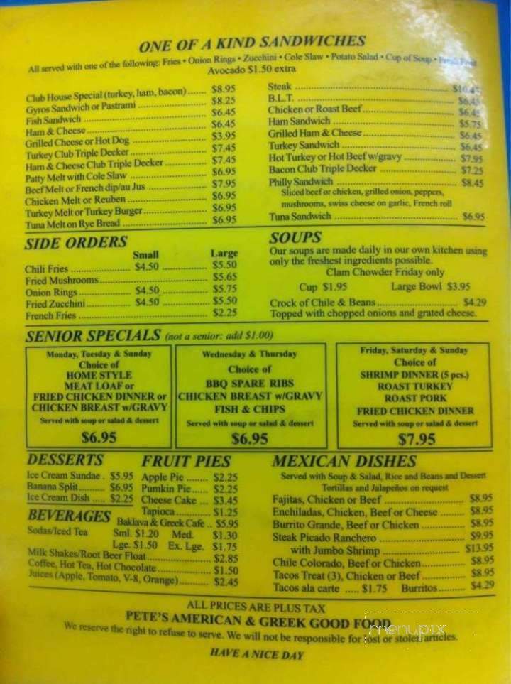 Pete's Family Restaurant - Jonesville, SC menu_pic