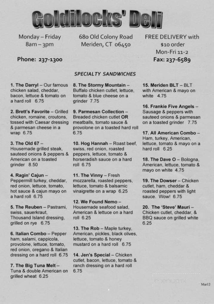 Goldilocks Deli - Meriden, CT menu_pic