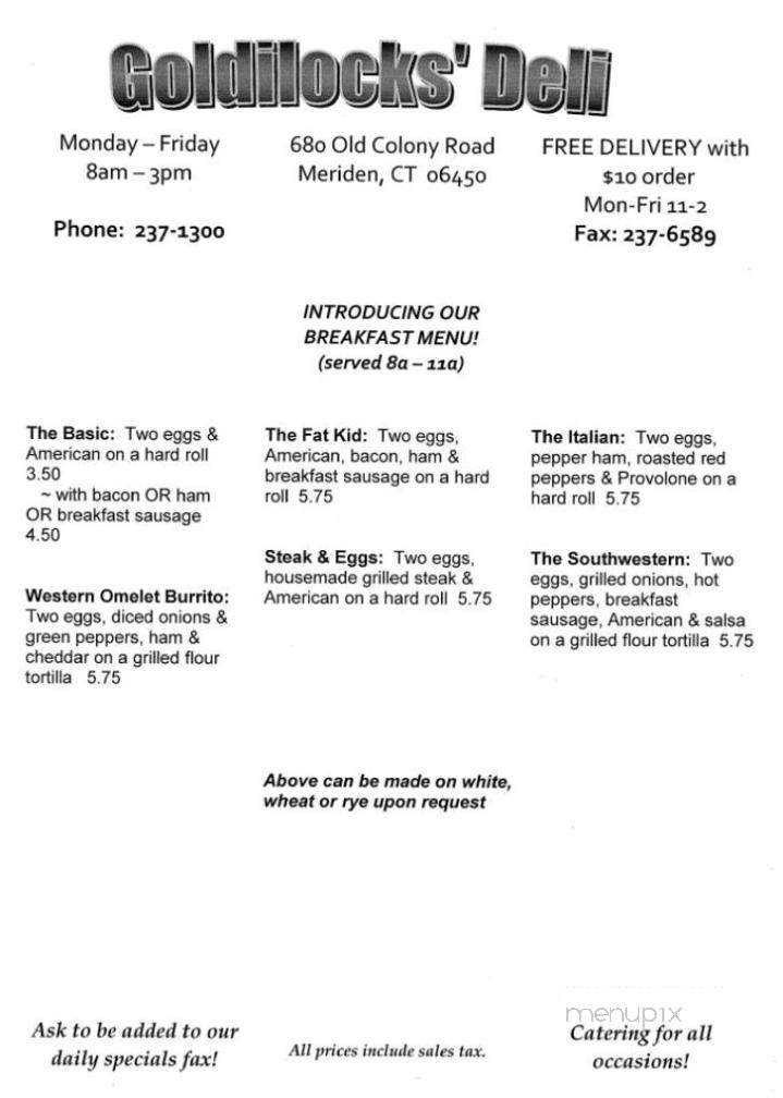 Goldilocks Deli - Meriden, CT menu_pic
