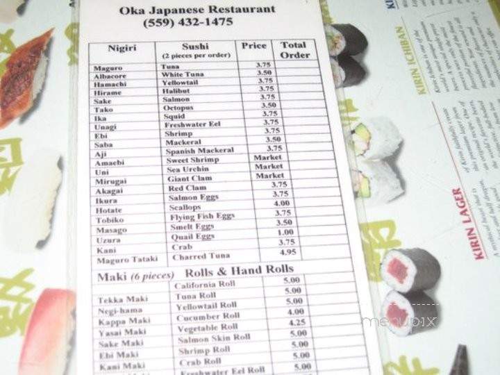 Oka Japanese Restaurant - Fresno, CA menu_pic