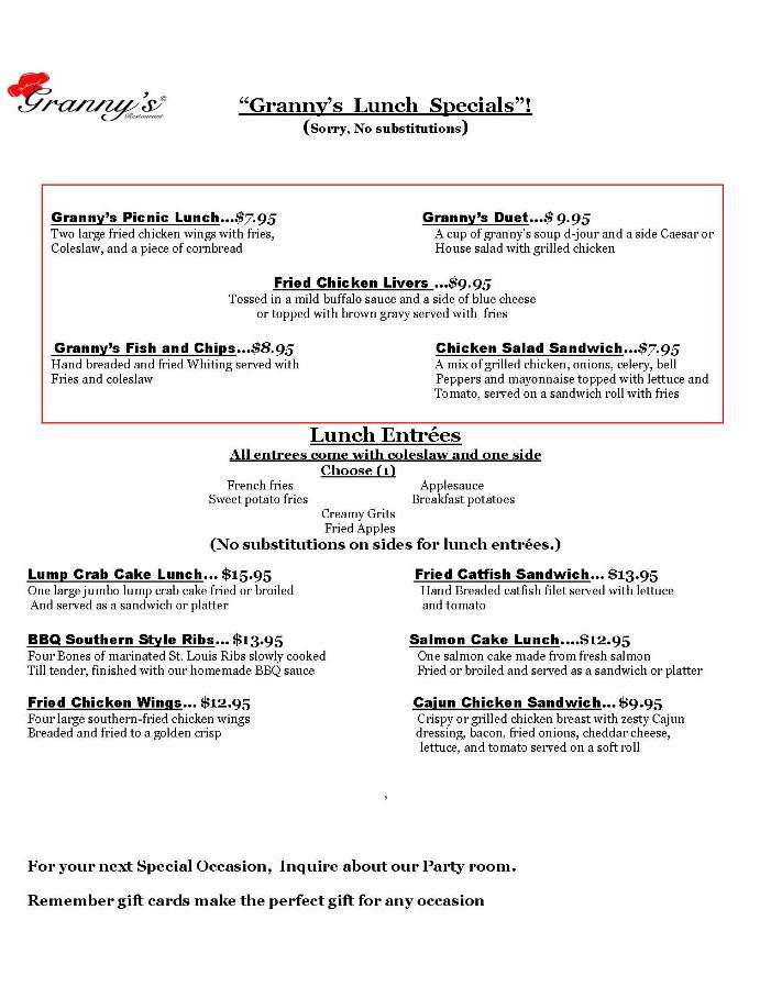 Grannys Restaurant - Owings Mills, MD menu_pic