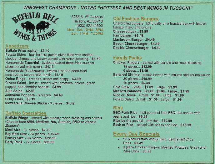 Buffalo Bell Wings & Things - Tucson, AZ menu_pic