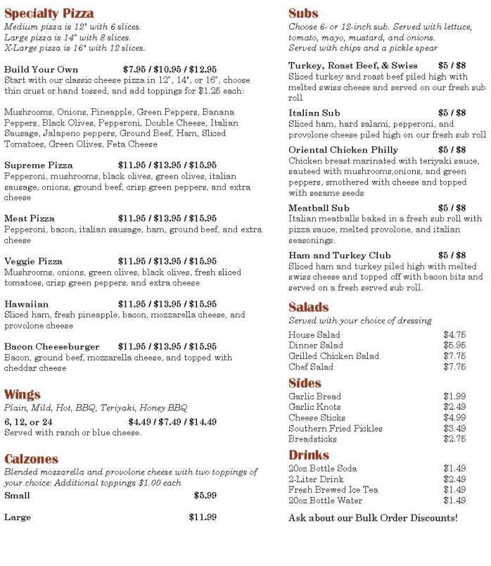 Menu of Main Street Pizzeria in Pickens SC 29671