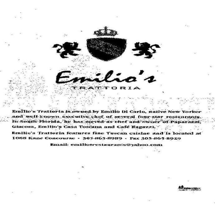 Emilio's Trattoria - Bay Harbor Islands, FL menu_pic