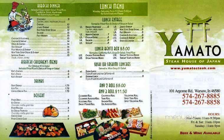Yamato Steak House of Japan - Warsaw, IN menu_pic