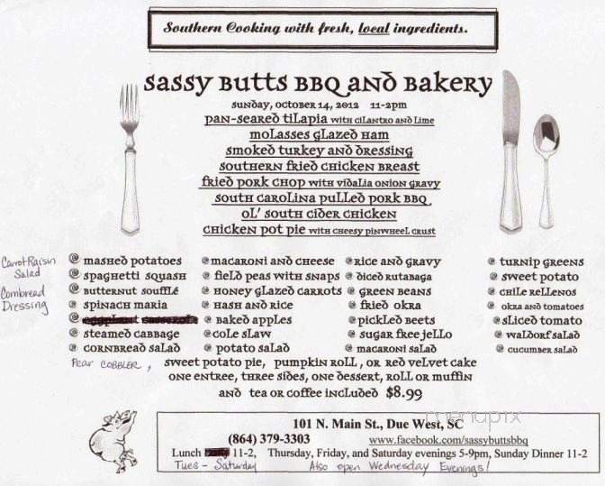Sassy Butts BBQ and Bakery - Due West, SC menu_pic