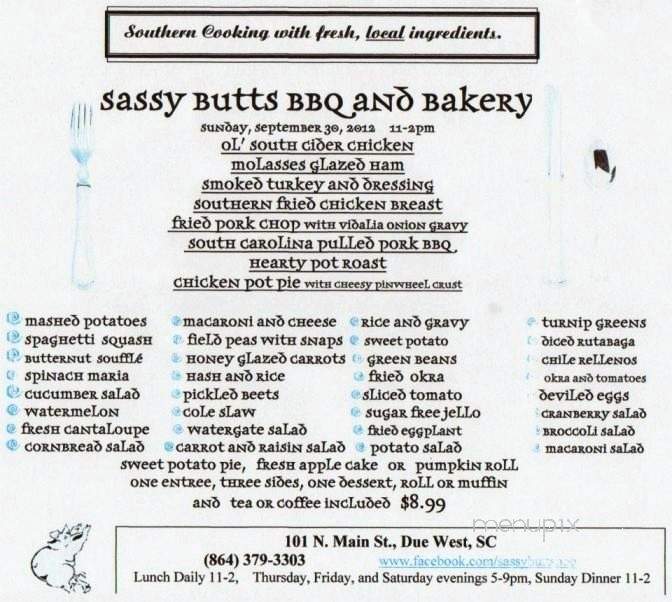 Sassy Butts BBQ and Bakery - Due West, SC menu_pic