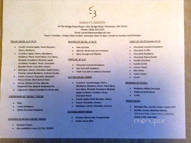 Sarah's Bakery - Charleston, WV menu_pic