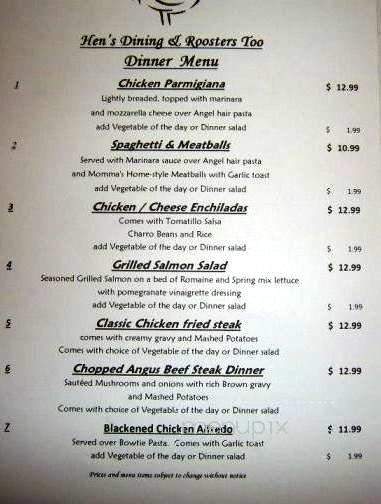 Hen's Dining and Roosters Too - Rockwall, TX menu_pic
