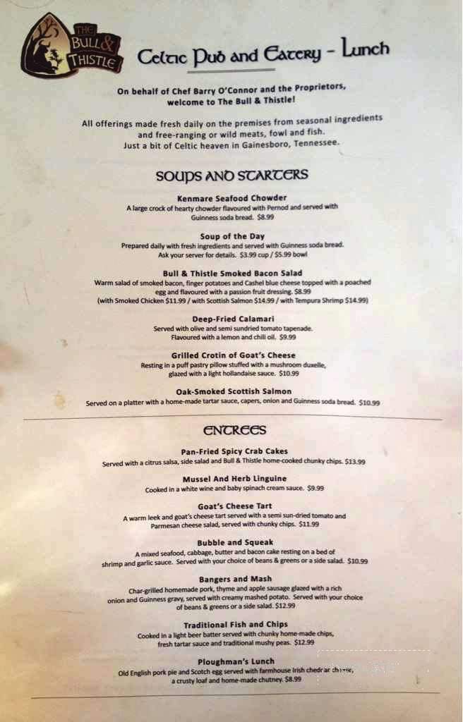 The Bull & Thistle Pub - Gainesboro, TN menu_pic