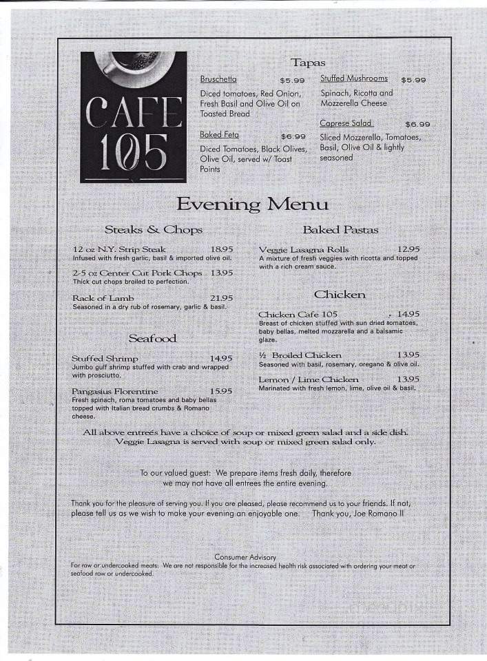 Cafe 105 - Inverness, FL menu_pic