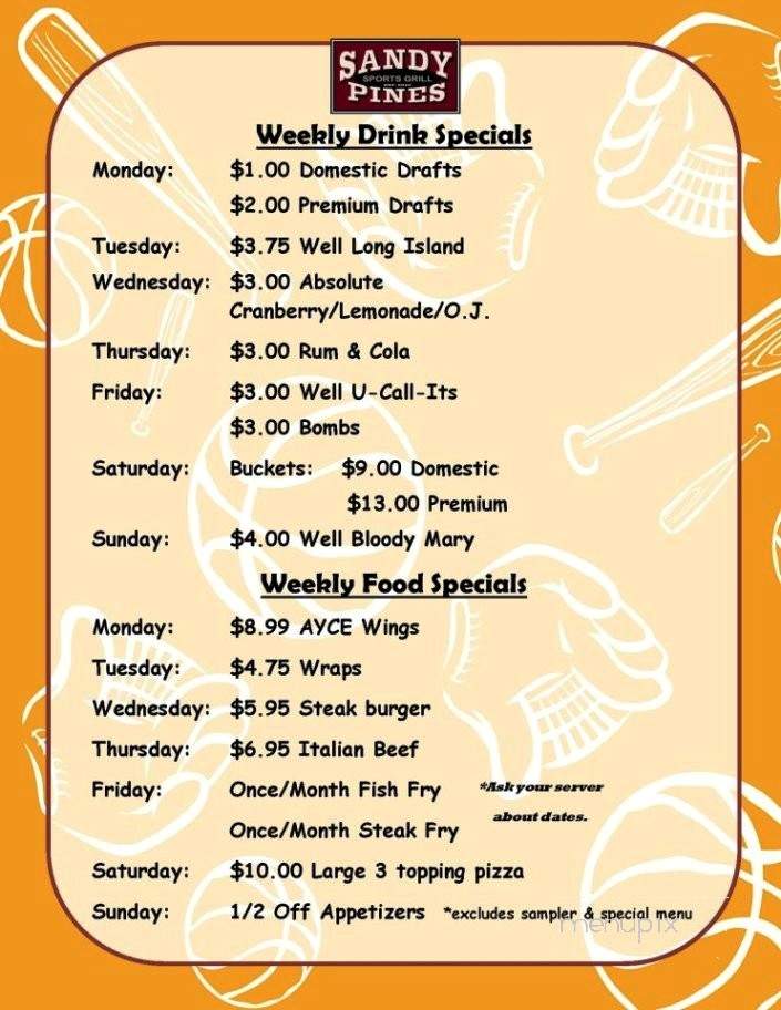 Sandy Pines Sports Grill - Demotte, IN menu_pic