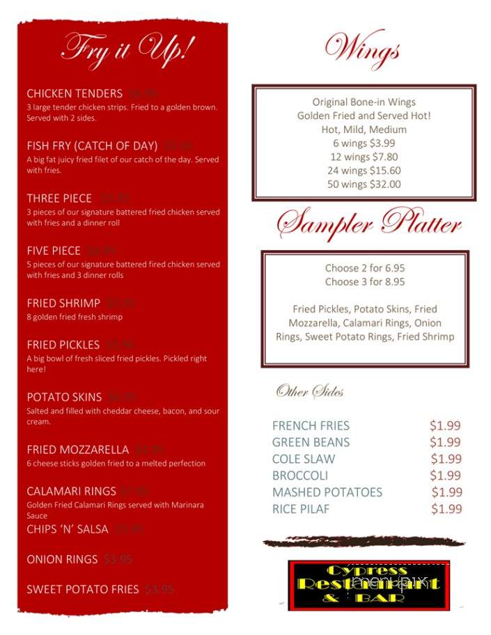 Cypress Bar & Restaurant - Winter Haven, FL menu_pic