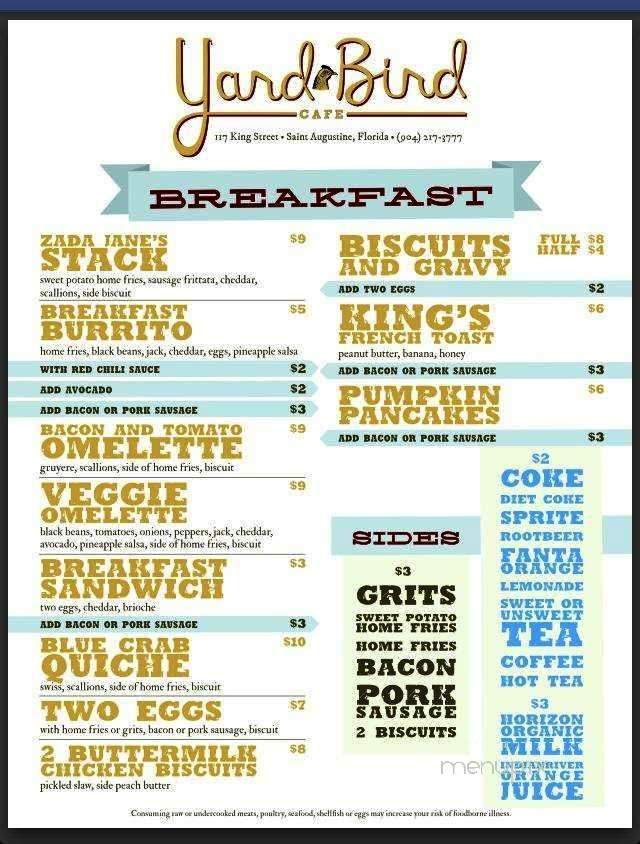 The Yard Bird Cafe - St Augustine, FL menu_pic