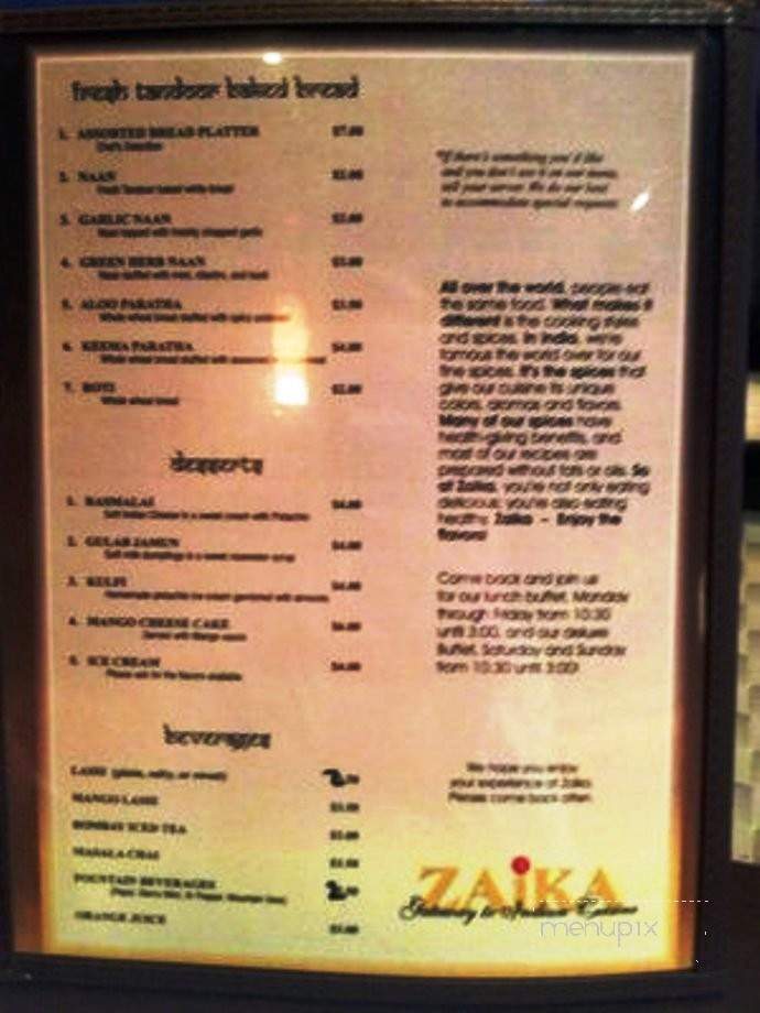 Zaika Indian Cusine - Mooresville, NC menu_pic