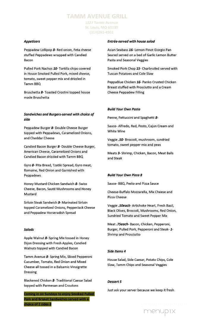 Tamm Avenue Grill - Saint Louis, MO menu_pic