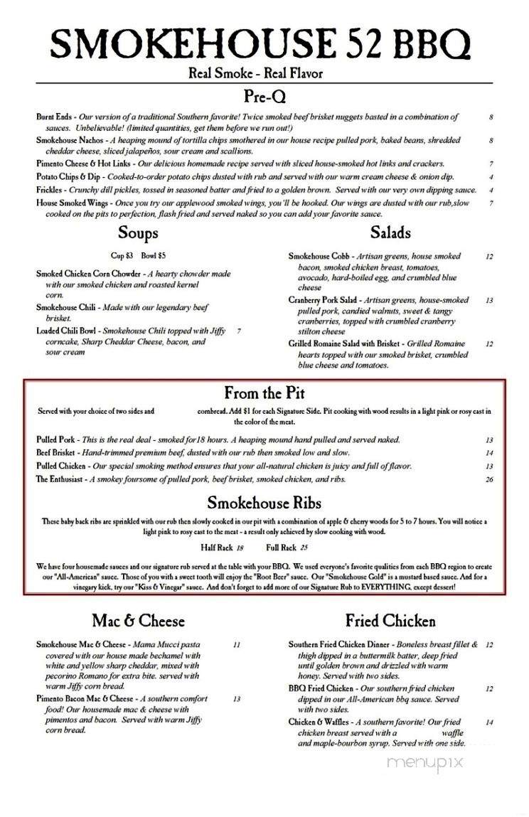 Smokehouse 52 BBQ - Chelsea, MI menu_pic