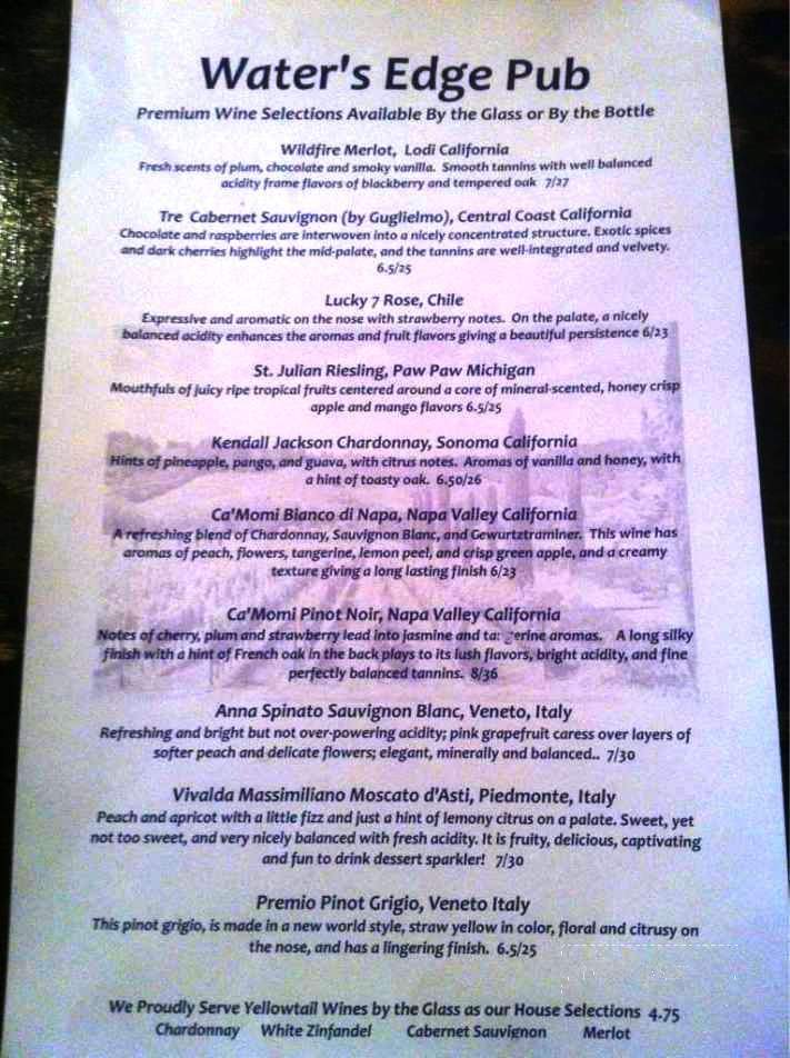 Waters Edge Pub - Beaver, PA menu_pic