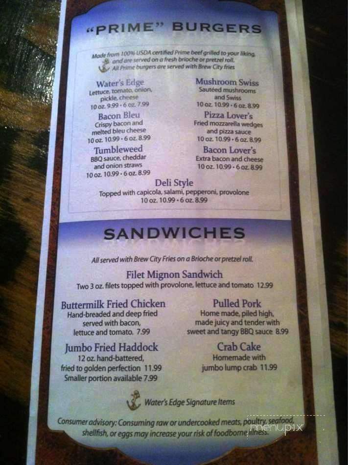 Waters Edge Pub - Beaver, PA menu_pic