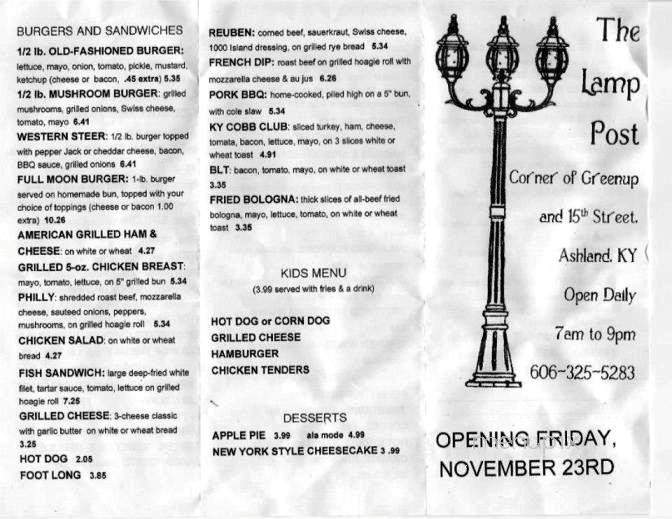 The Lamp Post Cafe - Ashland, KY menu_pic
