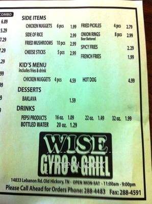 Wise Gyro and Grill - Mount Juliet, TN menu_pic