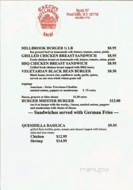 Grech's Millbrook Inn - Pond Eddy, NY menu_pic