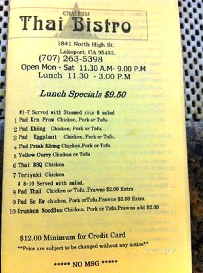 Chalerm Thai Bistro - Lakeport, CA menu_pic