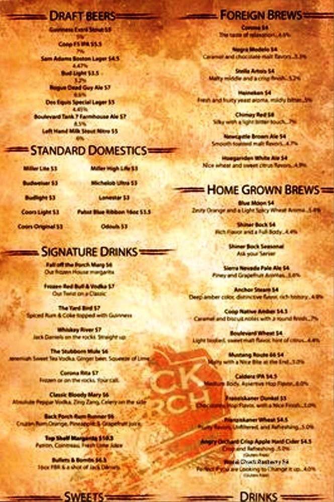 Menu of Backporch Drafthouse in Lawton, OK 73501