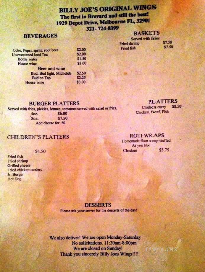 Parrot Wing's Cafe - Melbourne, FL menu_pic