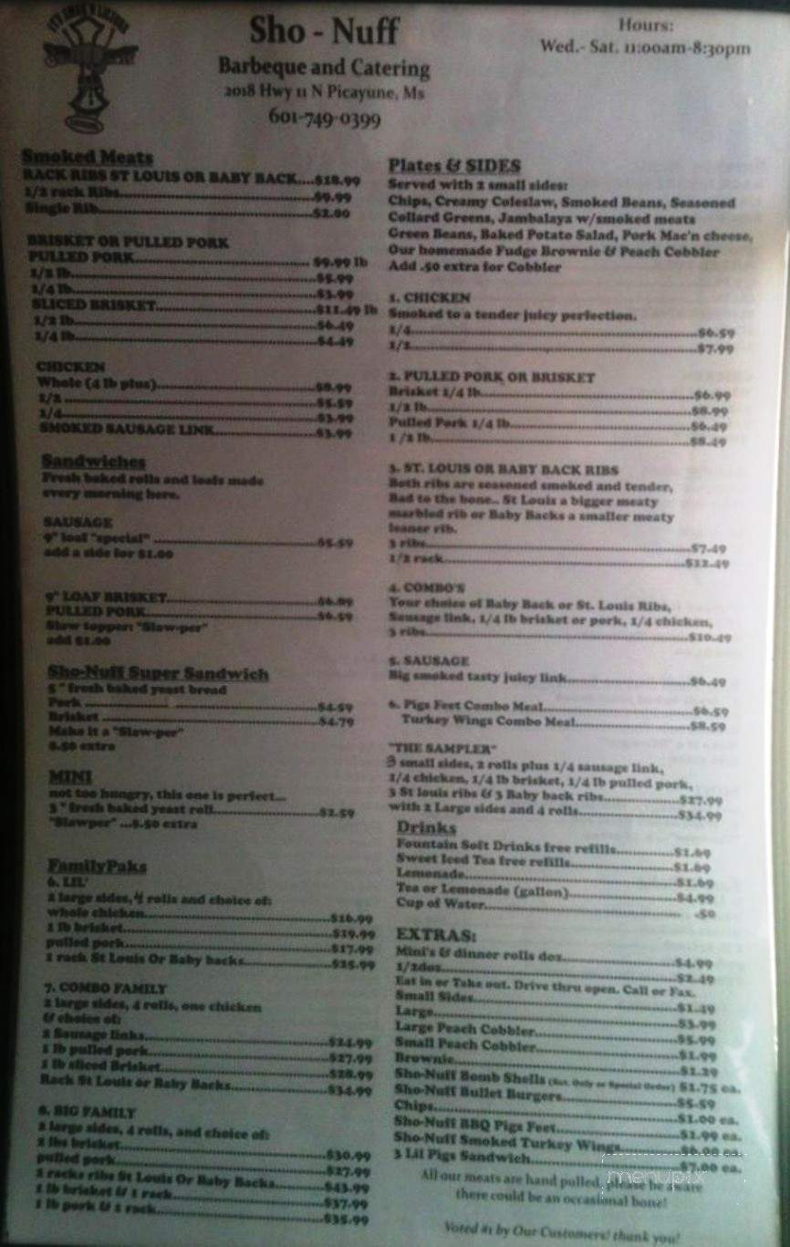 Menu of ShoNuff BBQ & Catering in Picayune, MS 39466