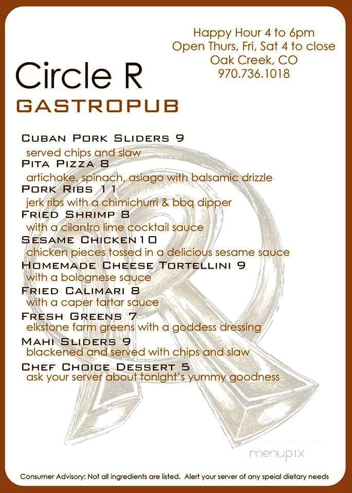 Circle R Gastropub - Oak Creek, CO menu_pic