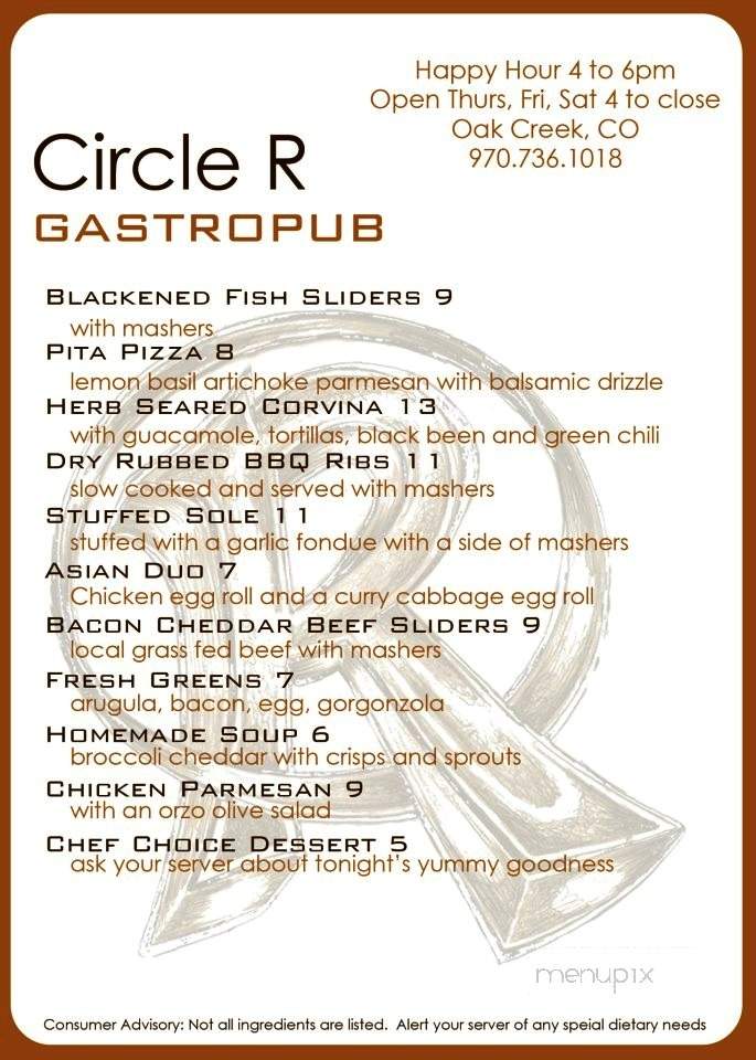 Circle R Gastropub - Oak Creek, CO menu_pic