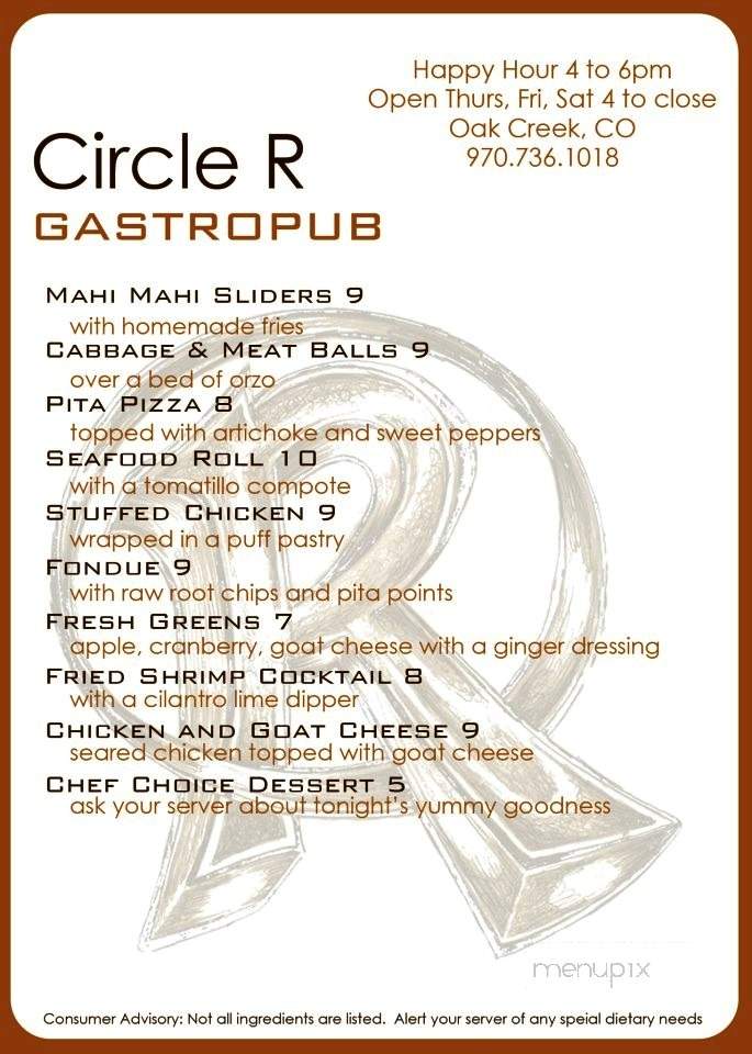 Circle R Gastropub - Oak Creek, CO menu_pic