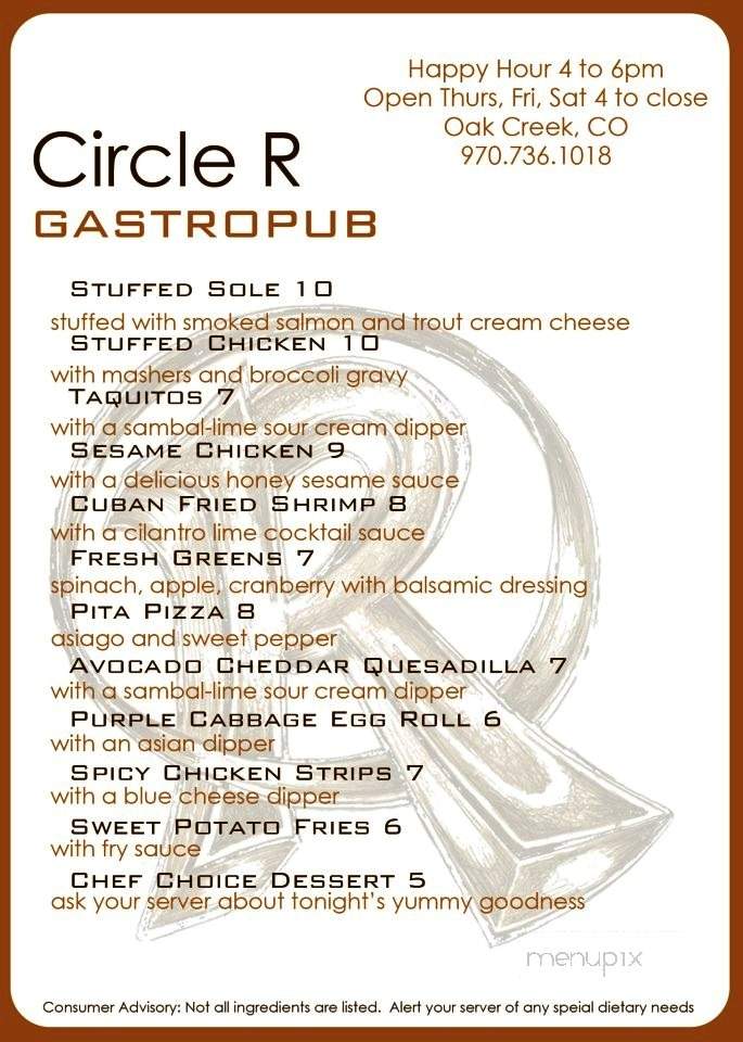Circle R Gastropub - Oak Creek, CO menu_pic