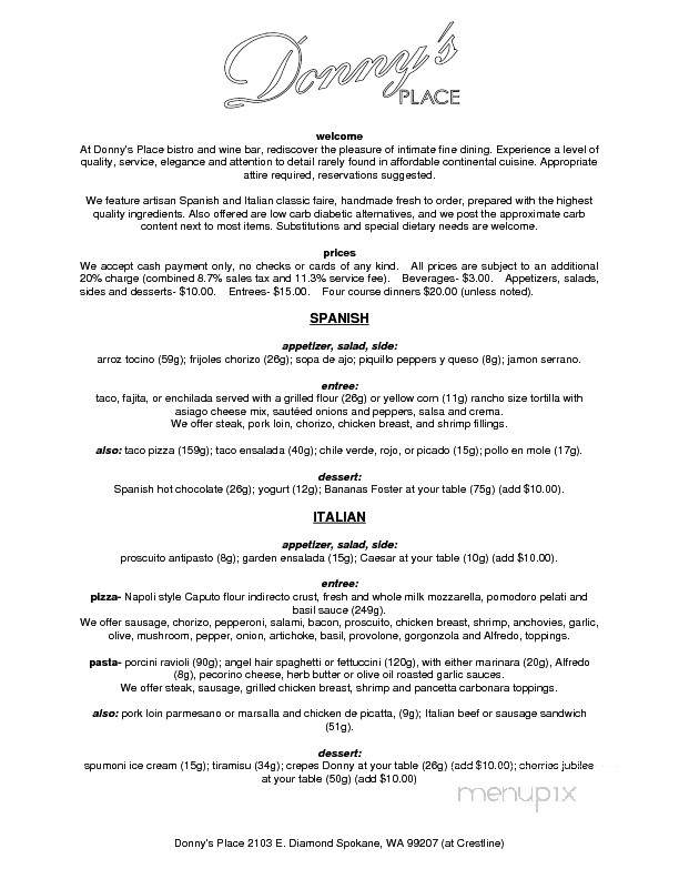 Donny's Place - Spokane, WA menu_pic