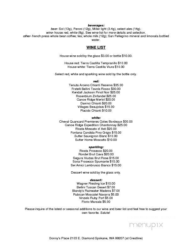 Donny's Place - Spokane, WA menu_pic