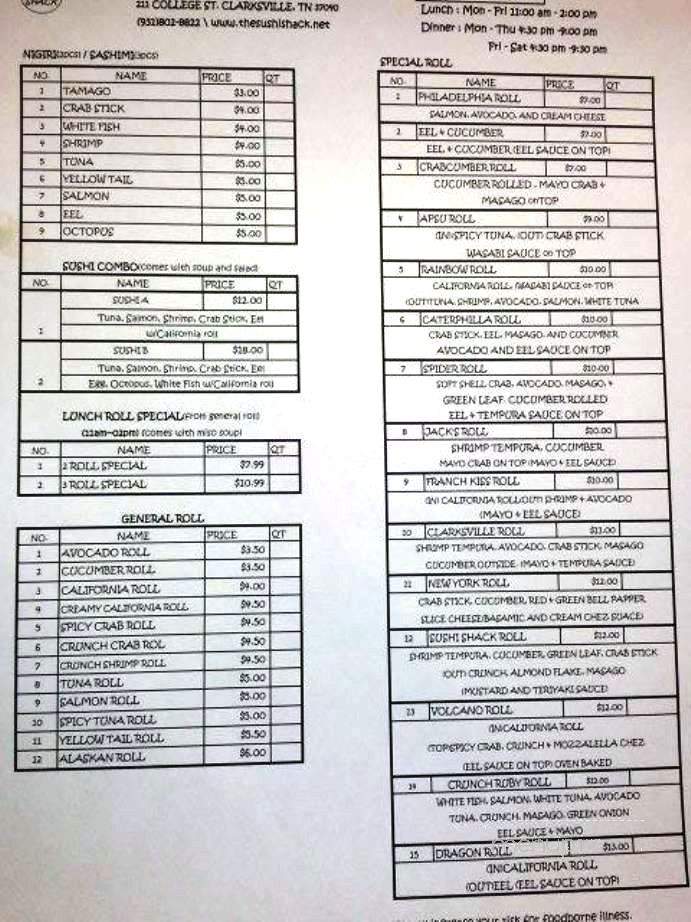 Sushi Shack - Clarksville, TN menu_pic
