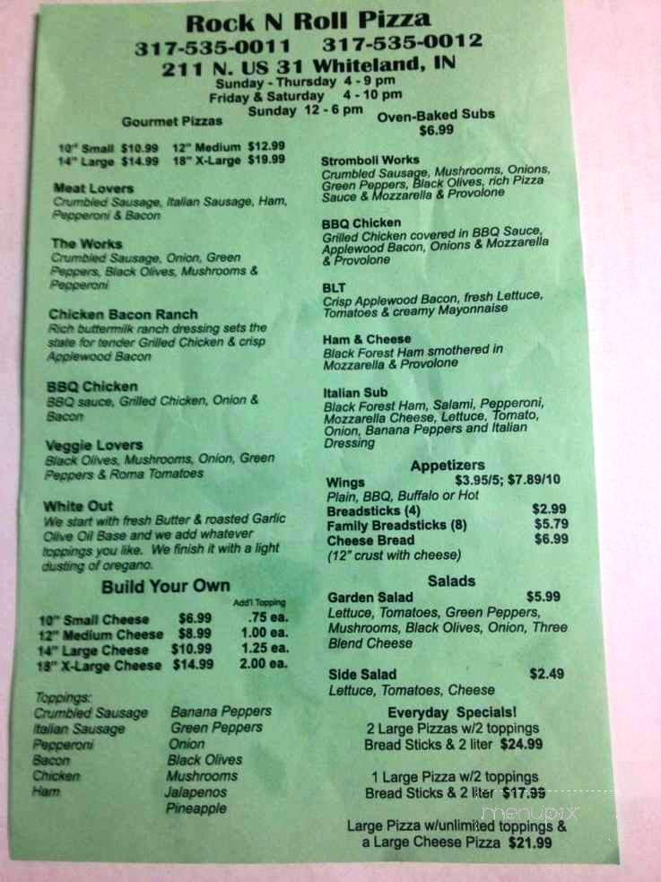 Rock N Roll Pizza Cafe - Whiteland, IN menu_pic