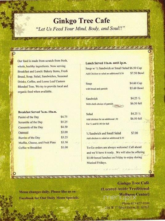 Ginkgo Tree Cafe - Dixon, IL menu_pic