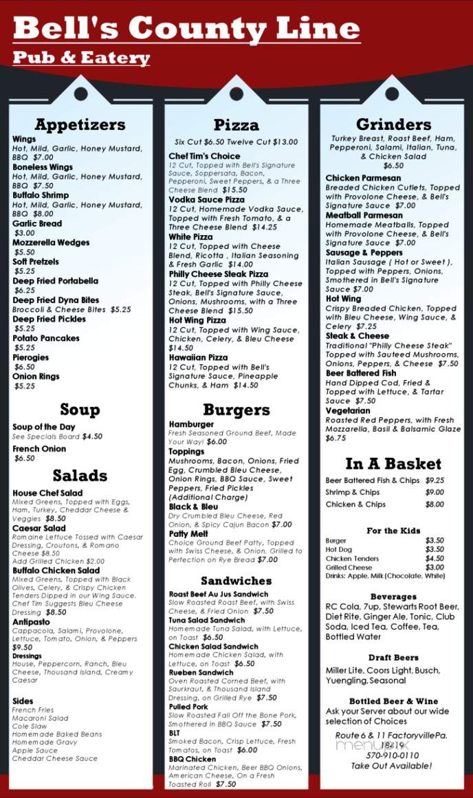 Bell's County Line Pub and Eatery - Factoryville, PA menu_pic