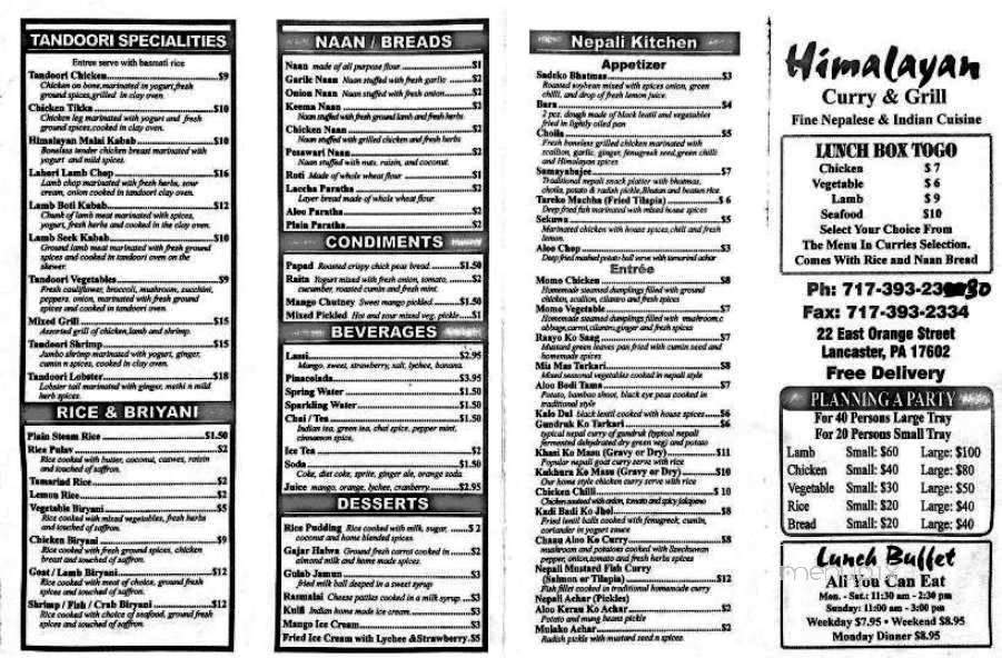 Himalayan Curry and Grill - Lancaster, PA menu_pic