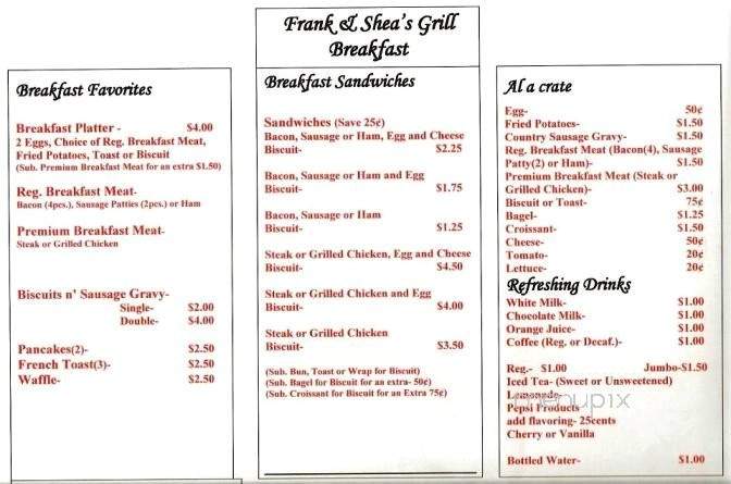Frank & Shea's Grill - Albion, IL menu_pic